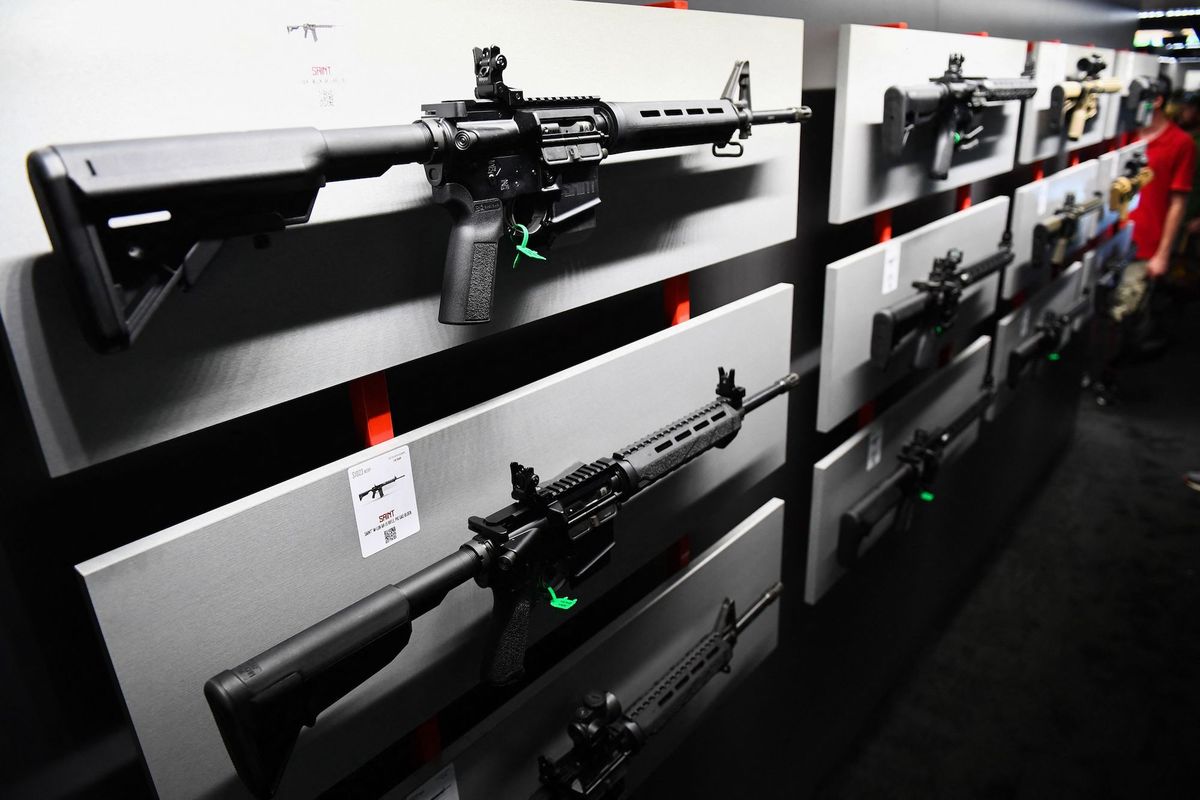 a springfield armory saint m lock ar 15 semi automatic rifle is displayed on a wall of guns during the national rifle association nra annual meeting at the george r brown convention center, in houston, texas on may 28, 2022   america's powerful national rifle association kicked off a major convention in houston friday, days after the horrific massacre of children at a texas elementary school, but a string of high profile no shows underscored deep unease at the timing of the gun lobby event photo by patrick t fallon  afp photo by patrick t fallonafp via getty images