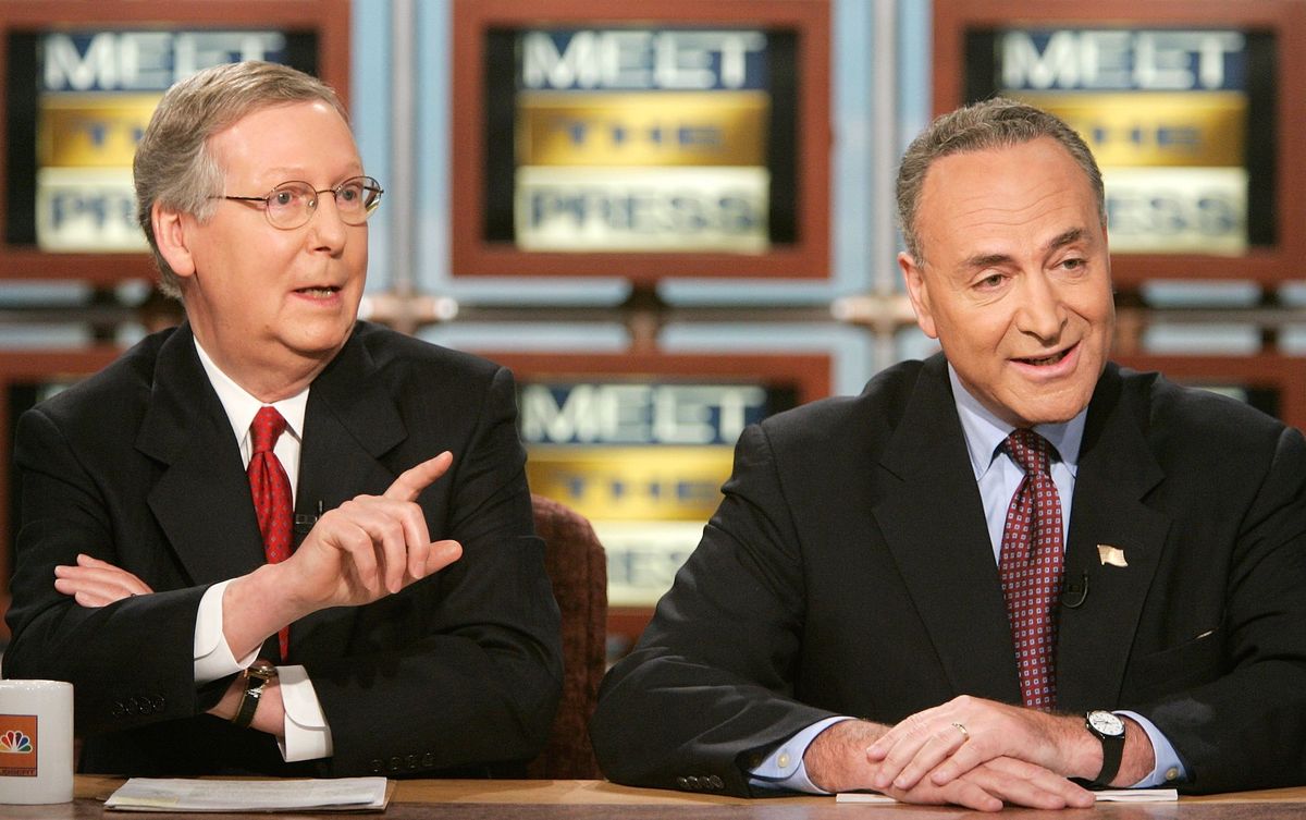 washington   july 02  us senate majority whip sen mitch mcconnell r ky l speaks as chairman of democratic senatorial campaign committee sen charles schumer d ny r listens during a taping of "meet the press" at the nbc studios july 2, 2006 in washington, dc mcconnell and schumer discussed various topics including the war on terrorism and the mid term elections in 2006  photo by alex wonggetty images for meet the press