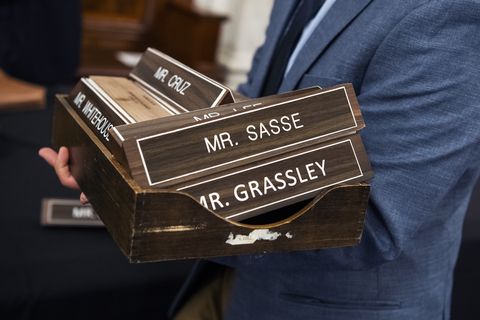 united states   september 10 an aide collects name plates after a senate judiciary committee markup on judicial nominations in russell building on thursday, september 10, 2020 photo by tom williamscq roll call, inc via getty images