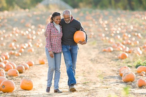 a senior couple walking through a field of pumpkins