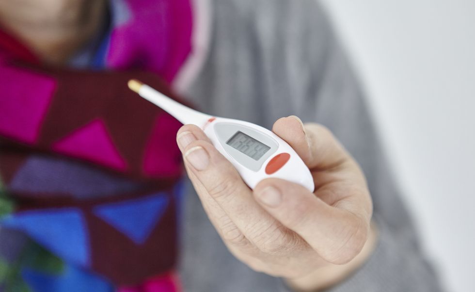 Senior woman holding digital thermometer, close-up