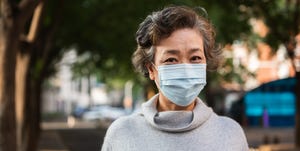 senior woman wearing a protective mask outdoor close up