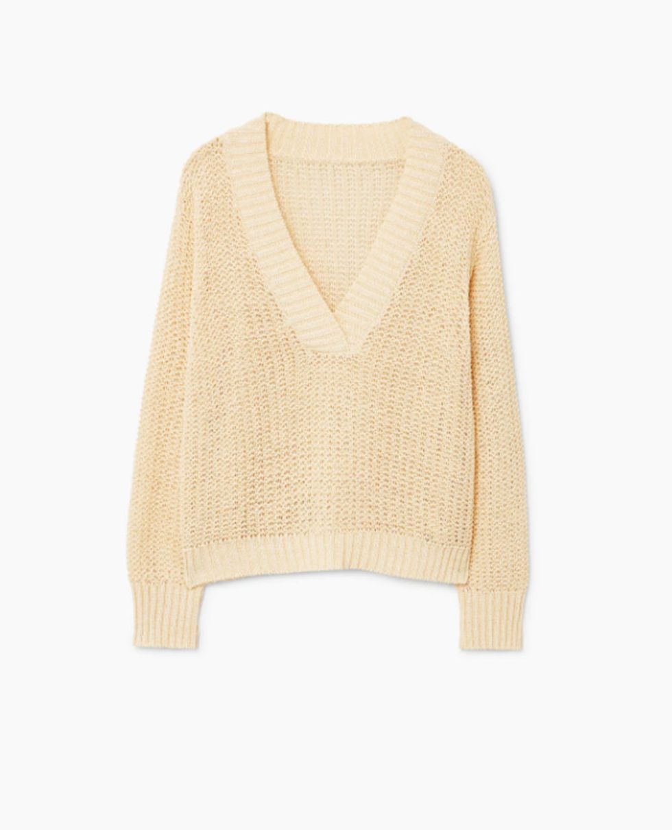 Clothing, Outerwear, Beige, Neck, Sweater, Yellow, Sleeve, Shoulder, Wool, Top, 