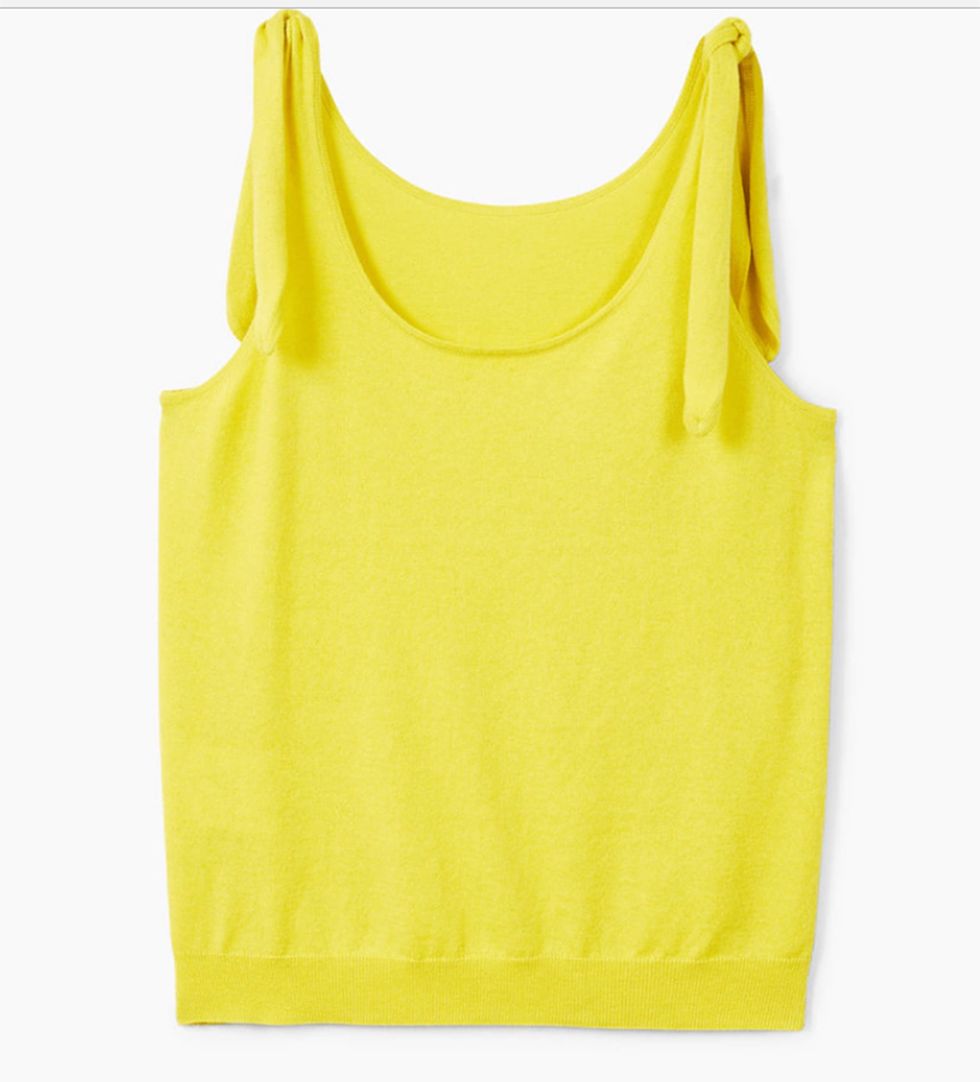 Clothing, Yellow, Sleeveless shirt, Blouse, Outerwear, Active tank, Neck, camisoles, Crop top, Sleeve, 