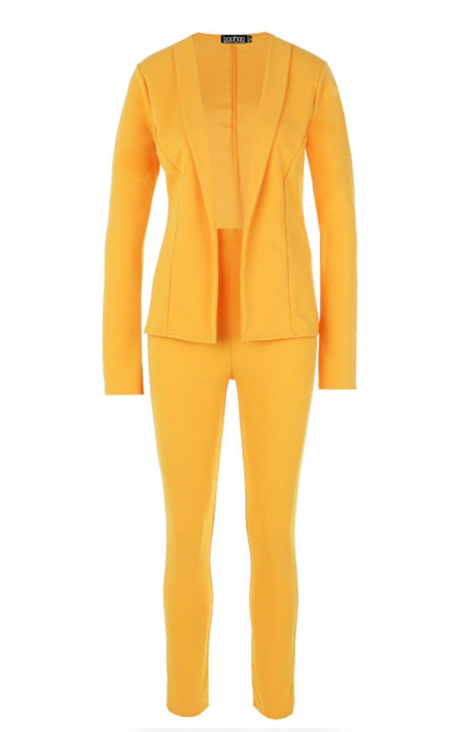 Clothing, Yellow, Orange, Suit, Outerwear, Sleeve, Neck, Jacket, Formal wear, Trousers, 
