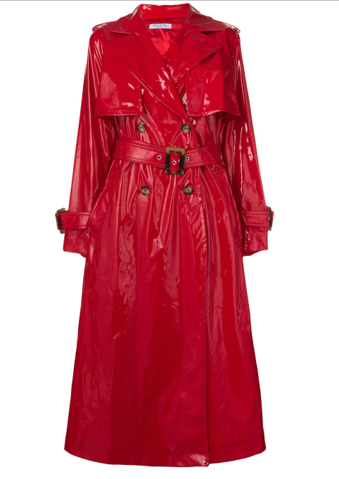 Clothing, Trench coat, Coat, Outerwear, Red, Sleeve, Dress, Day dress, Overcoat, Robe, 
