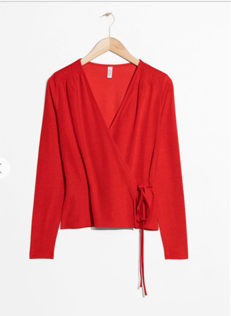 Clothing, Outerwear, Sleeve, Red, Clothes hanger, Neck, Blouse, Top, Cardigan, Sweater, 