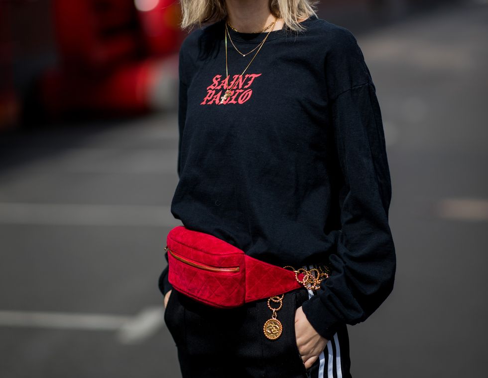 Clothing, Street fashion, Waist, Black, Red, Shoulder, Fashion, Pink, Sleeve, Joint, 