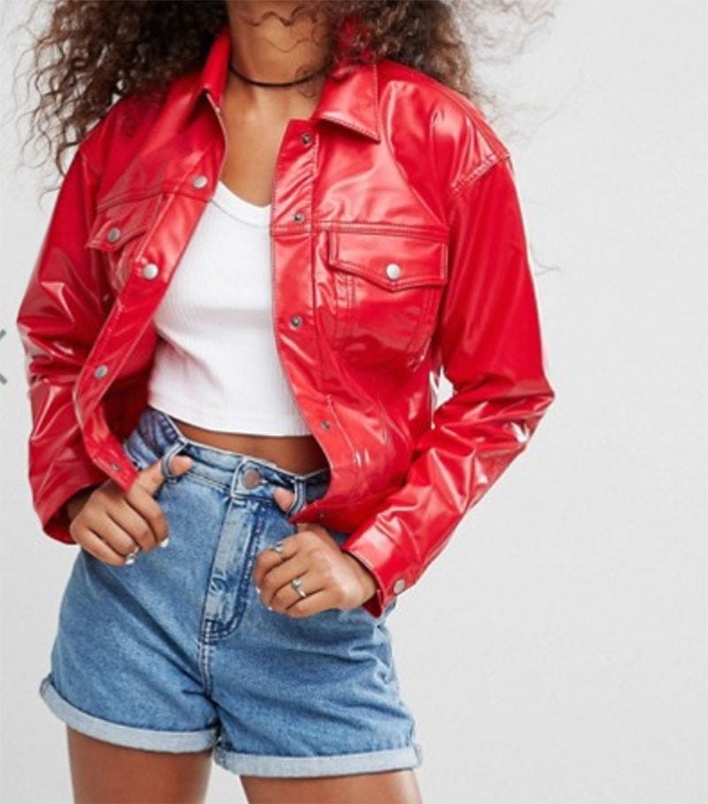 Clothing, Jacket, Denim, Jeans, Leather, Outerwear, Leather jacket, Red, Textile, Sleeve, 