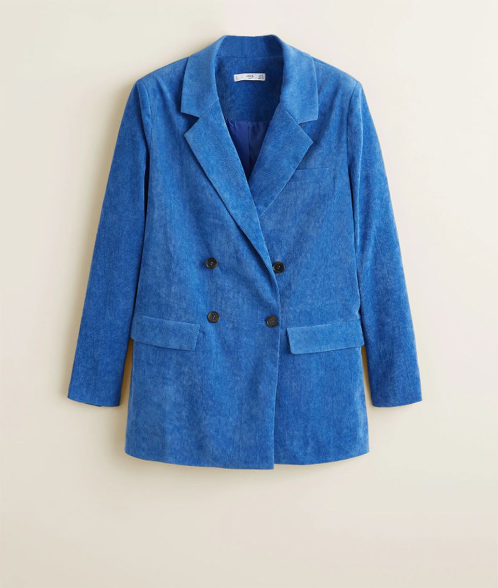 Clothing, Blue, Cobalt blue, Outerwear, Electric blue, Jacket, Sleeve, Blazer, Button, Coat, 