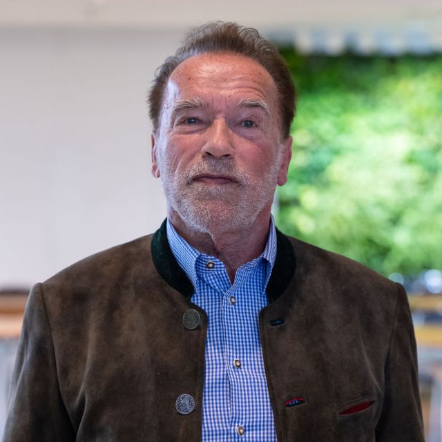 arnold schwarzenegger looks past the camera with a neutral expression on his face, he wears a brown jacket and blue and white checkered collared shirt