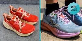 two separate pairs of cushioned running shoes with an on sale badge