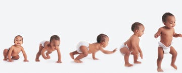 sequence showing a baby in a nappy learning to walk