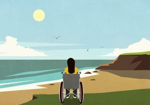 serene woman in wheelchair looking at idyllic summer ocean beach view from cliff