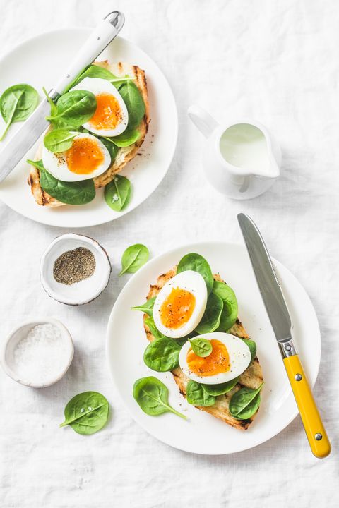 Served Easter brunch plate - grilled bread sandwich with spinach and boiled eggs on white background, top view