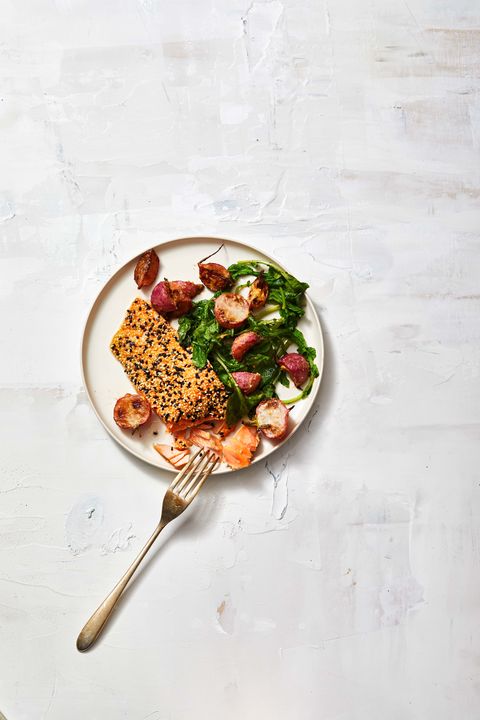 sesame crusted salmon with miso roasted radishes