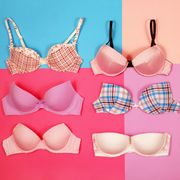 Set of different bras on multicolored background