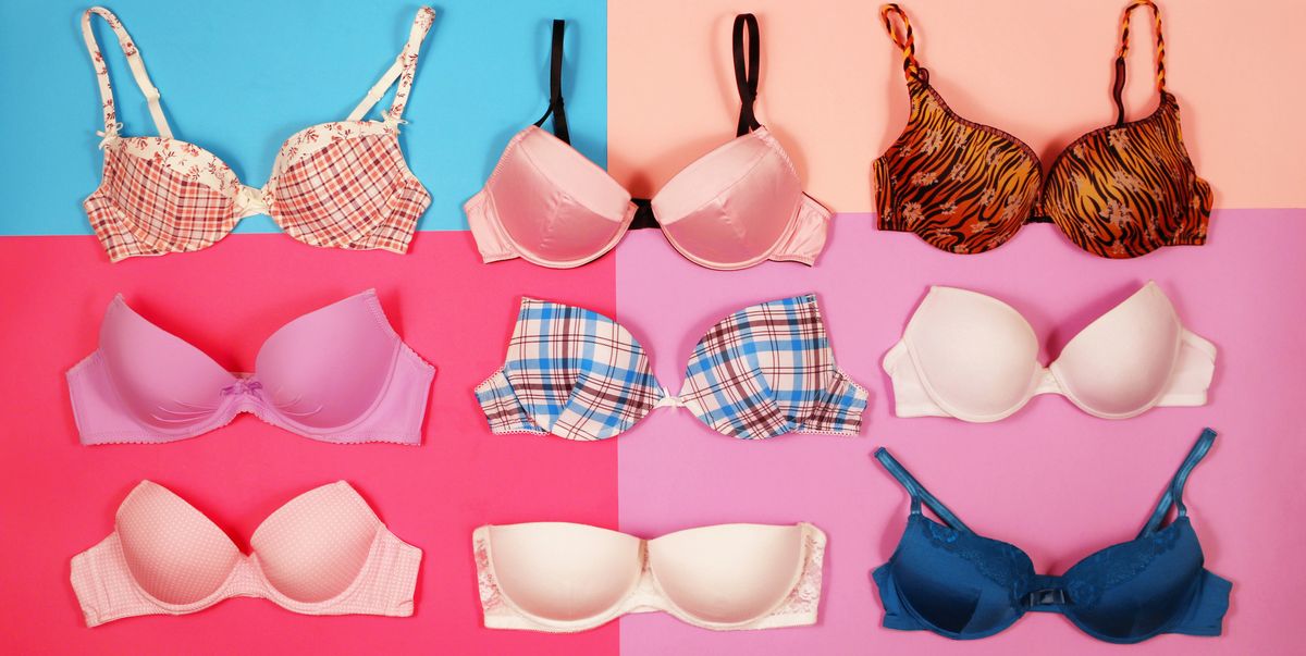 Set of different bras on multicolored background