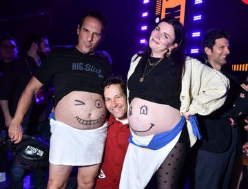seth herzog, paul rudd and aisling bea with her baby bump, big slick party