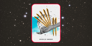 the tarot card the seven of swords, showing a black and white hand holds out seven golden pens