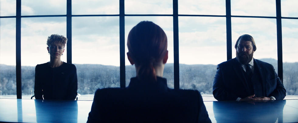 helena eagan, mr drummond, and natalie seated at a conference table in severance season 2 episode 5