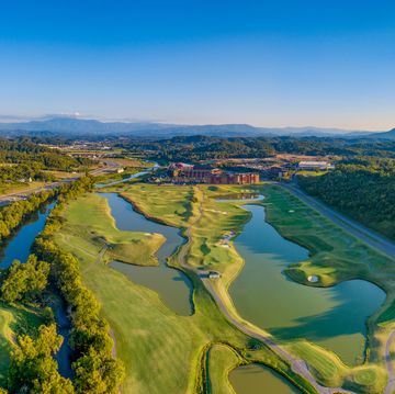 sevierville, tennessee, usa drone skyline panorama