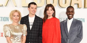 london, england   january 08 l to r  gillian anderson, asa butterfield, emma mackey and ncuti gatwa attend the world premiere of netflixs sex education season 2 at the genesis cinema on january 8, 2020 in london, england  photo by david m benettdave benettwireimage