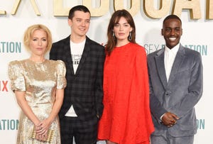 london, england   january 08 l to r  gillian anderson, asa butterfield, emma mackey and ncuti gatwa attend the world premiere of netflixs sex education season 2 at the genesis cinema on january 8, 2020 in london, england  photo by david m benettdave benettwireimage