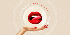 a hand holds out a full moon with the word "sexoscopes" repeating around it a mouth with a licking tongue is shown over the moon