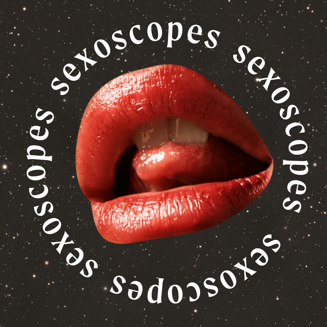a mouth with a tongue peeking between the lips is placed in the middle of a starry night sky, with the word sexoscopes surrounding it