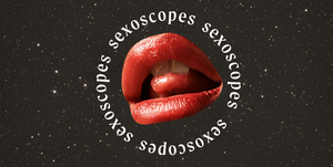 a mouth with a tongue peeking between the lips is placed in the middle of a starry night sky, with the word sexoscopes surrounding it