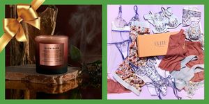 sexual gifts boy smells slow burn candle and adore me lingerie in two green boxes with a gold bow on top of the left image
