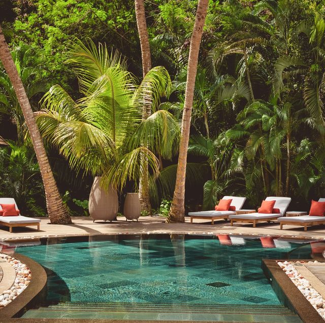 a pool with lounge chairs and palm trees around it