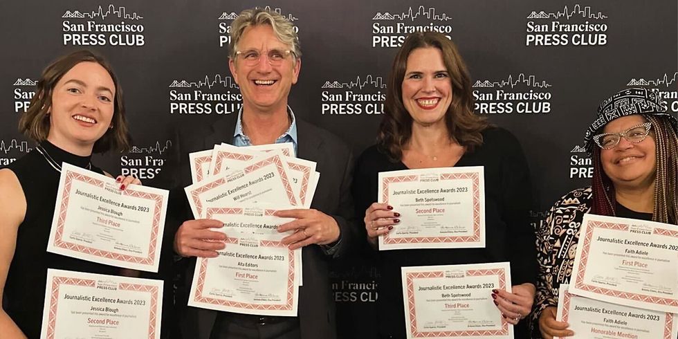 alta journal's jessica blough blaise zerega and beth spotswood and writer faith adiele pose with awards at the 2023 san francisco press club awards