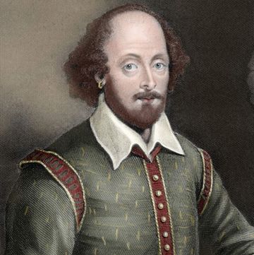 an engraving of william shakespeare in a green and red suit and looking ahead for a portrait