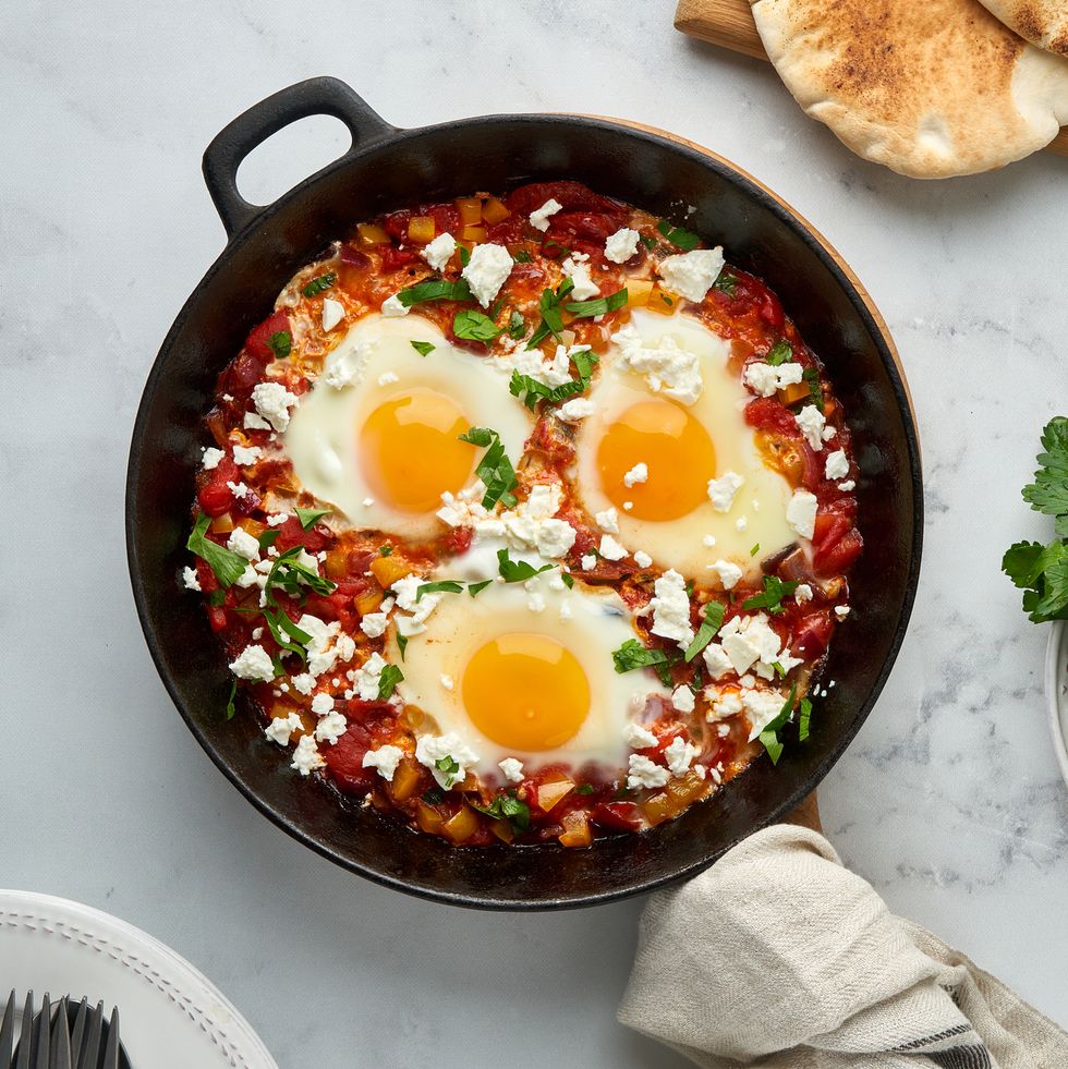 shakshouka, eggs poached in sauce of tomatoes