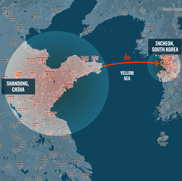 map showing route man took from china to south korea via jet ski