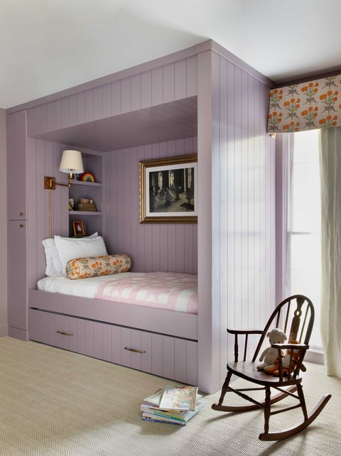 kids room, purple cubby bed, brown rocking chair, under bed storage, floral curtains