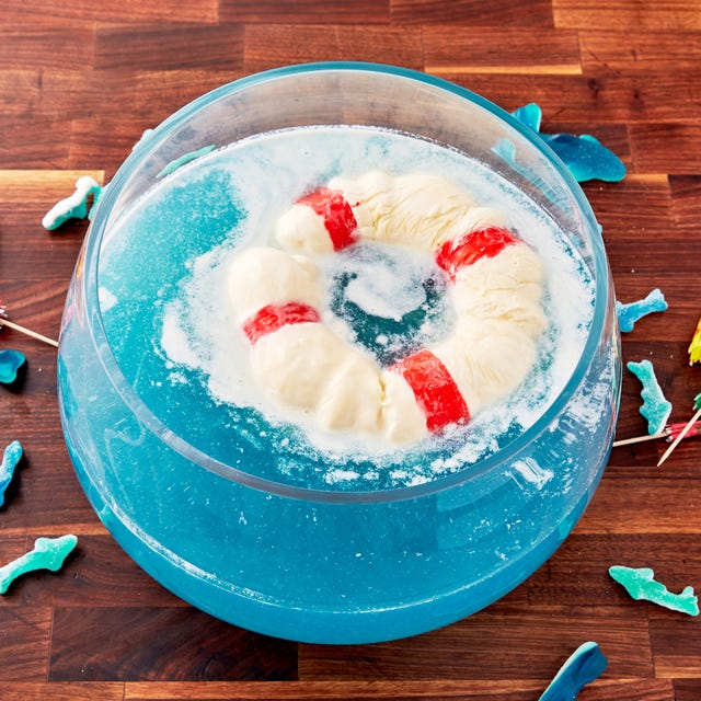 blue punch with an ice cream lifeboat and gummy sharks