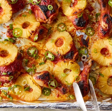 Sheet-Pan BBQ Pineapple Chicken chicken drumsticks and thighs with pineapple and jalapenos