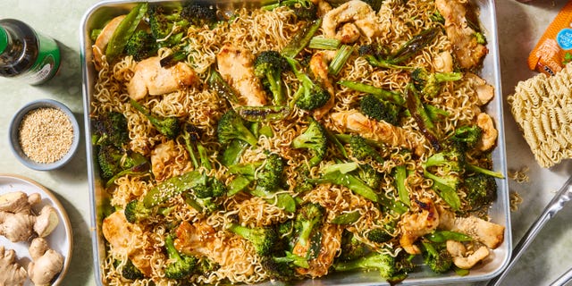 ramen noodles, chicken, and broccoli baked on a sheet pan
