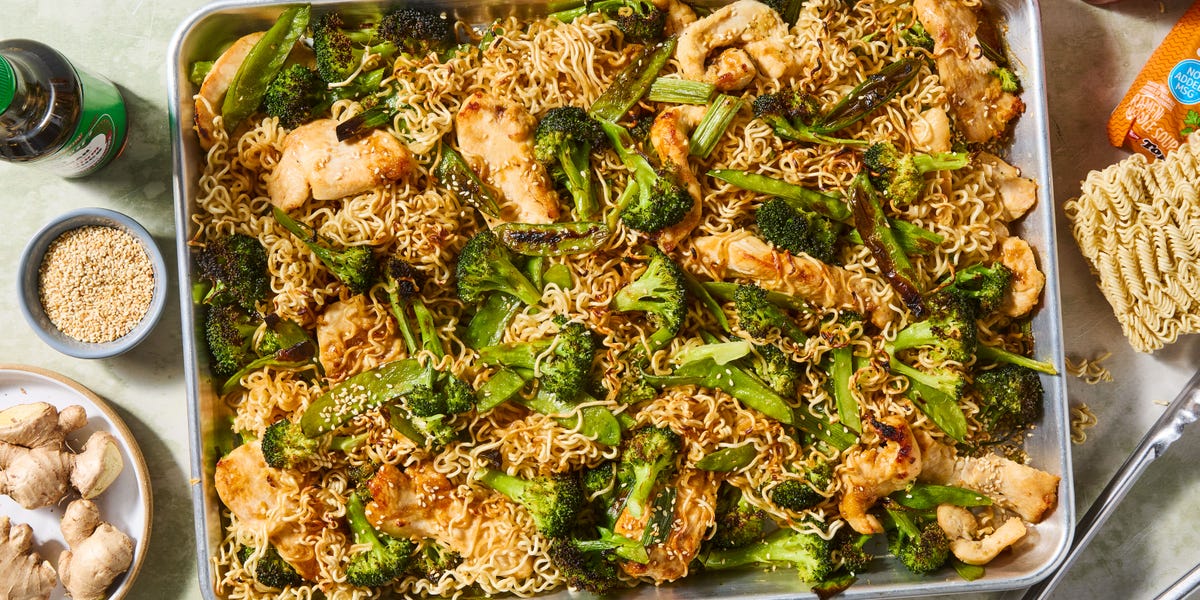 ramen noodles, chicken, and broccoli baked on a sheet pan