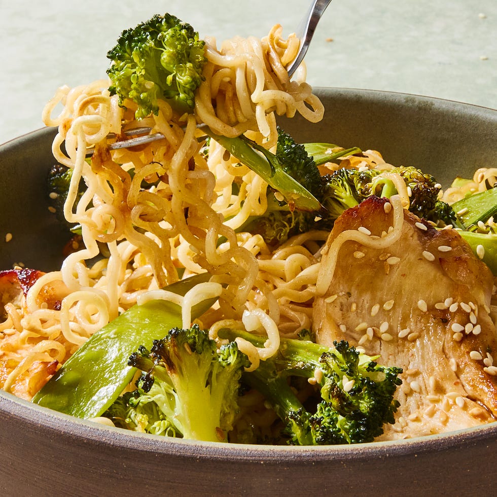 ramen noodles, chicken, and broccoli baked on a sheet pan