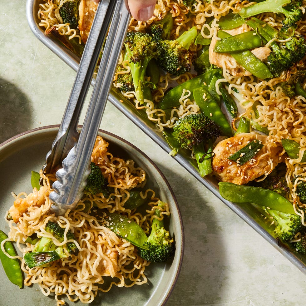 ramen noodles, chicken, and broccoli baked on a sheet pan
