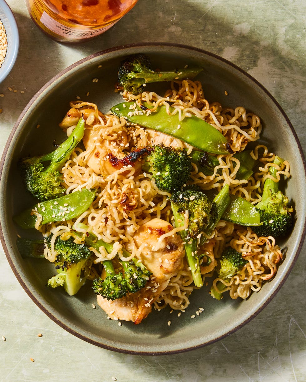 ramen noodles, chicken, and broccoli baked on a sheet pan