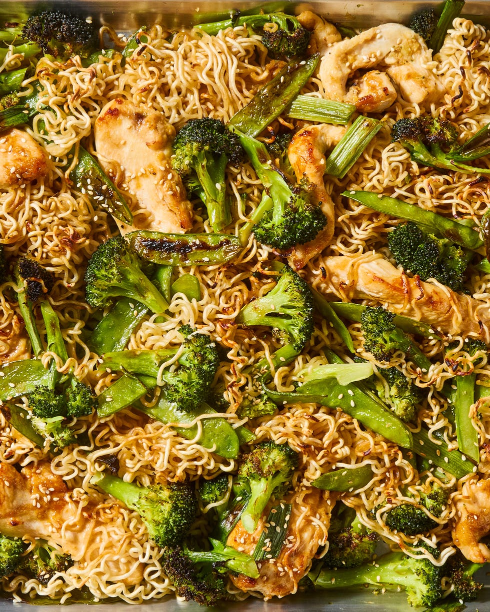 ramen noodles, chicken, and broccoli baked on a sheet pan