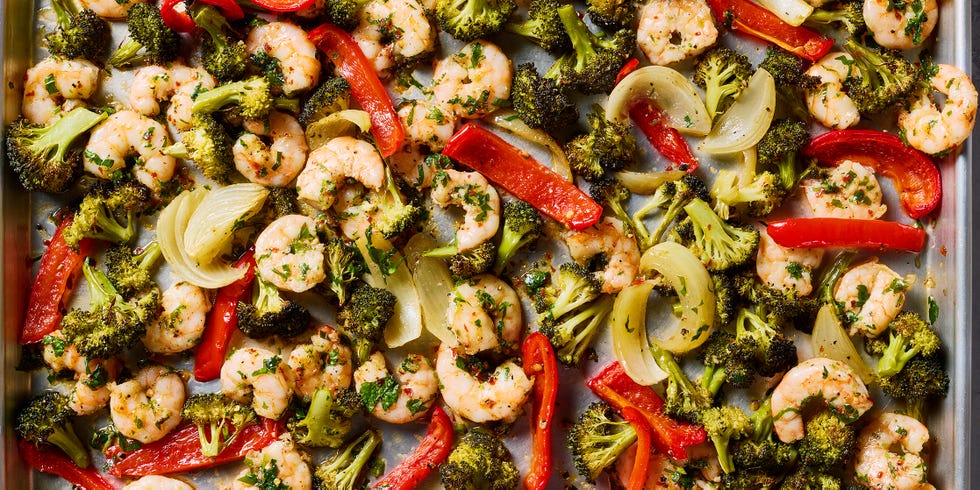 garlicky shrimp and veggies baked on a sheet pan