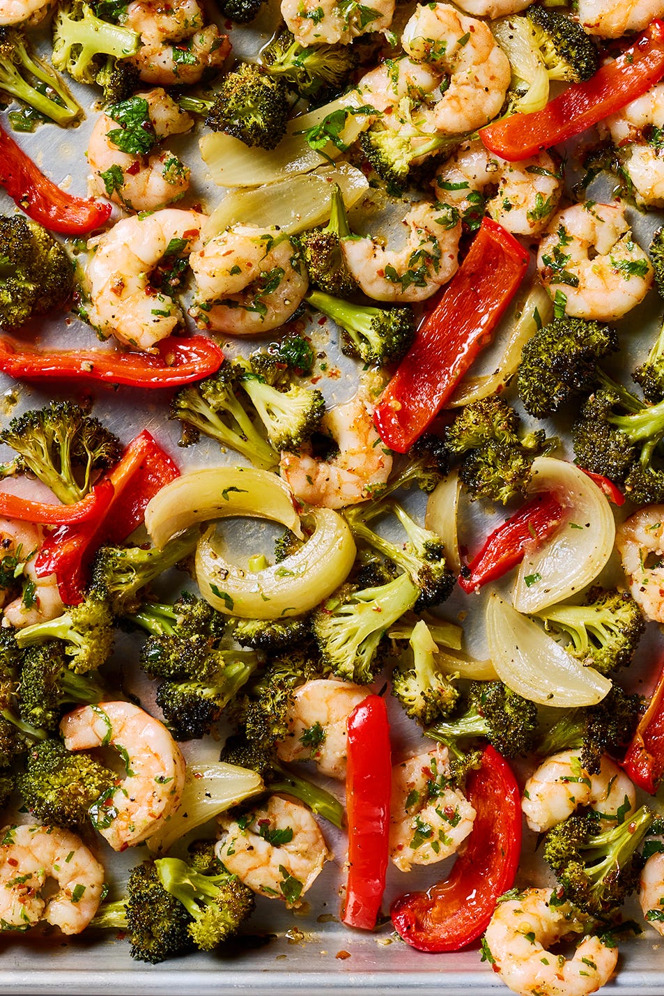 garlicky shrimp and veggies baked on a sheet pan