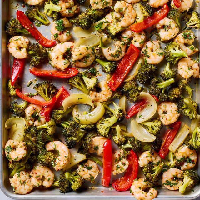garlicky shrimp and veggies baked on a sheet pan