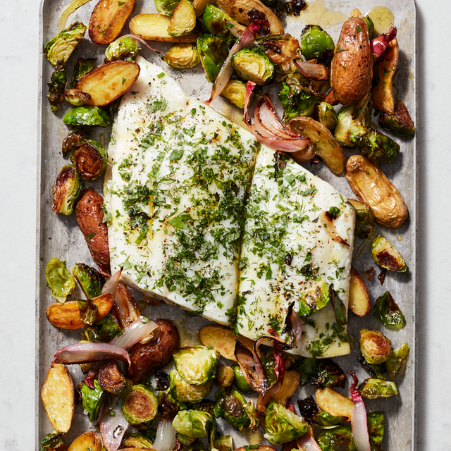 sheet pan baked halibut high protein meal prep idea